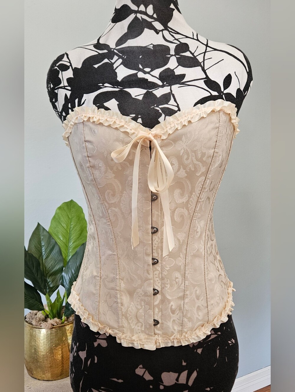 Beige Damask Floral Ruffle Corset Lace Up Renaissance Bodice Top Size L